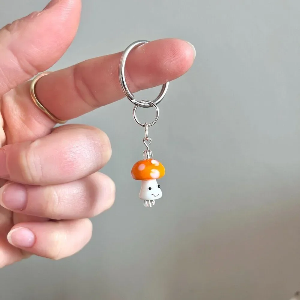 Orange and White Glass Mushroom Charm Key Chain